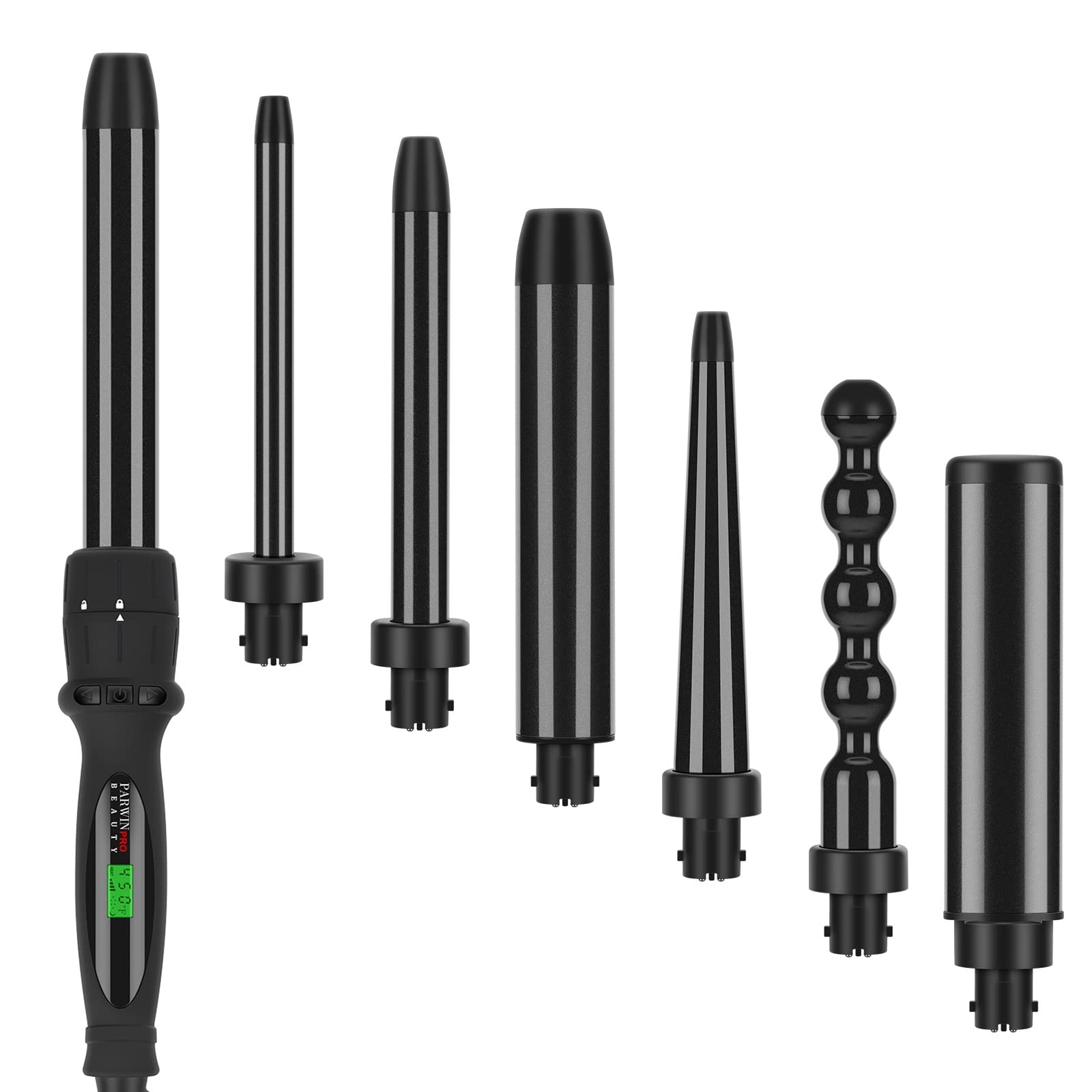 Photo 1 of PARWIN PRO BEAUTY 7 in 1 Curling Iron Wand Set,Dual Voltage Curling Wand with 7 Interchangeable Diamond Ceramic Hair Curler Wands with LCD Temperature Control Auto Shut Off Black