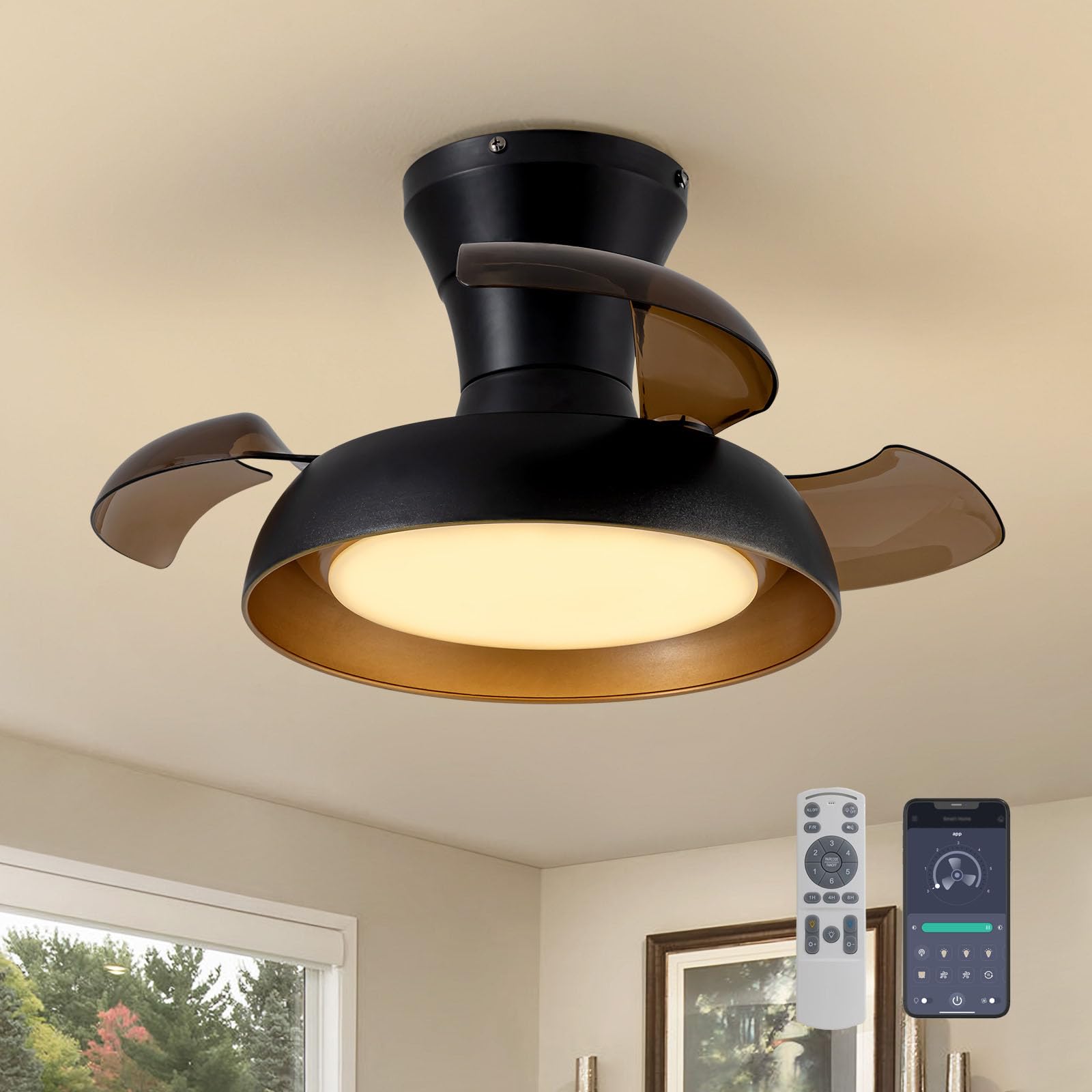 Photo 1 of ******************LED IS CRACKED************
APBEAMLighting 23 Inch Black and Gold Ceiling Fan with Light and Brown Retractable Blades Small Led Light Fixture Ceiling Modern Fandelier Fan Lights Cei ling Fixtures for Bedroom Dining Room Kitchen