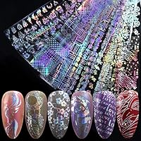 Valuu 10 Rolls Laser Flame Nail Art Foil Transfer Stickers Holographic Panda Lace Nail Foil Adhesive Decals Starry Sky Gradient Manicure Transfer Tips Nail Art DIY Decoration Kit