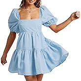Shy Velvet Women's Casual Party Mini Summer Dresses Square Neck Short Bubble Sleeve Babydoll Dress