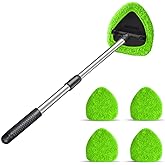 Windshield Cleaning Tool, Car Window Cleaner with 4 Washable Reusable Microfiber Pads, Extendable Long Handle Glass Wiper Cleaning Kit, Auto Accessories Universal for Office and Home (Green)
