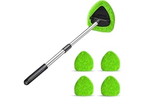 MOLY MAGNOLIA Windshield Cleaning Tool, Car Window Cleaner with 4 Washable Reusable Microfiber Pads, Extendable Long Handle Glass Wiper Cleaning Kit, Auto Accessories Universal for Office and Home (Green)
