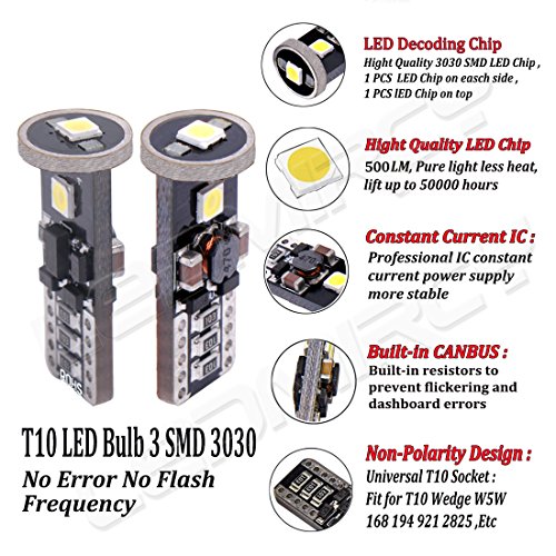 194 T10 LED Light Bulbs White 12V 3030 3SMD Canbus Error Free W5W 921 168 LED Bulb Super Bright for Car Interior Exterior Lights Map Door Reading Trunk Backup Tail Lights License Plate lamp(8PCS-3SMD)