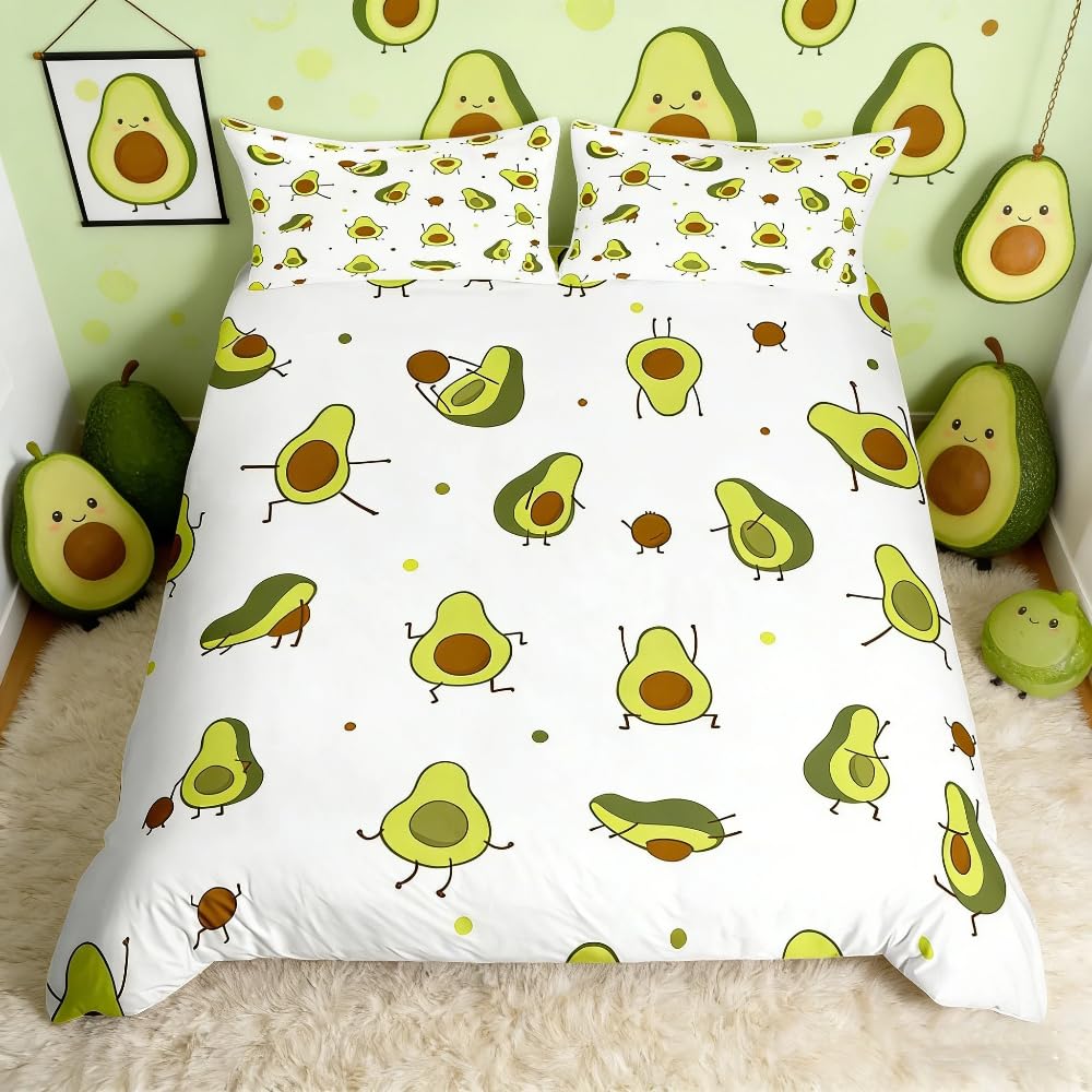 Loussiesd Cute Avocado Bedding Set for Girls Boys Kids Cartoon Sports Avocado Comforter Cover Set Kawaiiative Duvet Cover Lovely Fruit Bedding & Linen Single Size 2Pcs Bedclothes