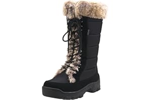 AUSLAND Women's Black Winter Snow Boots Twin Peaks Fur Cuff Mid-Calf Waterproof Lace Up Boots
