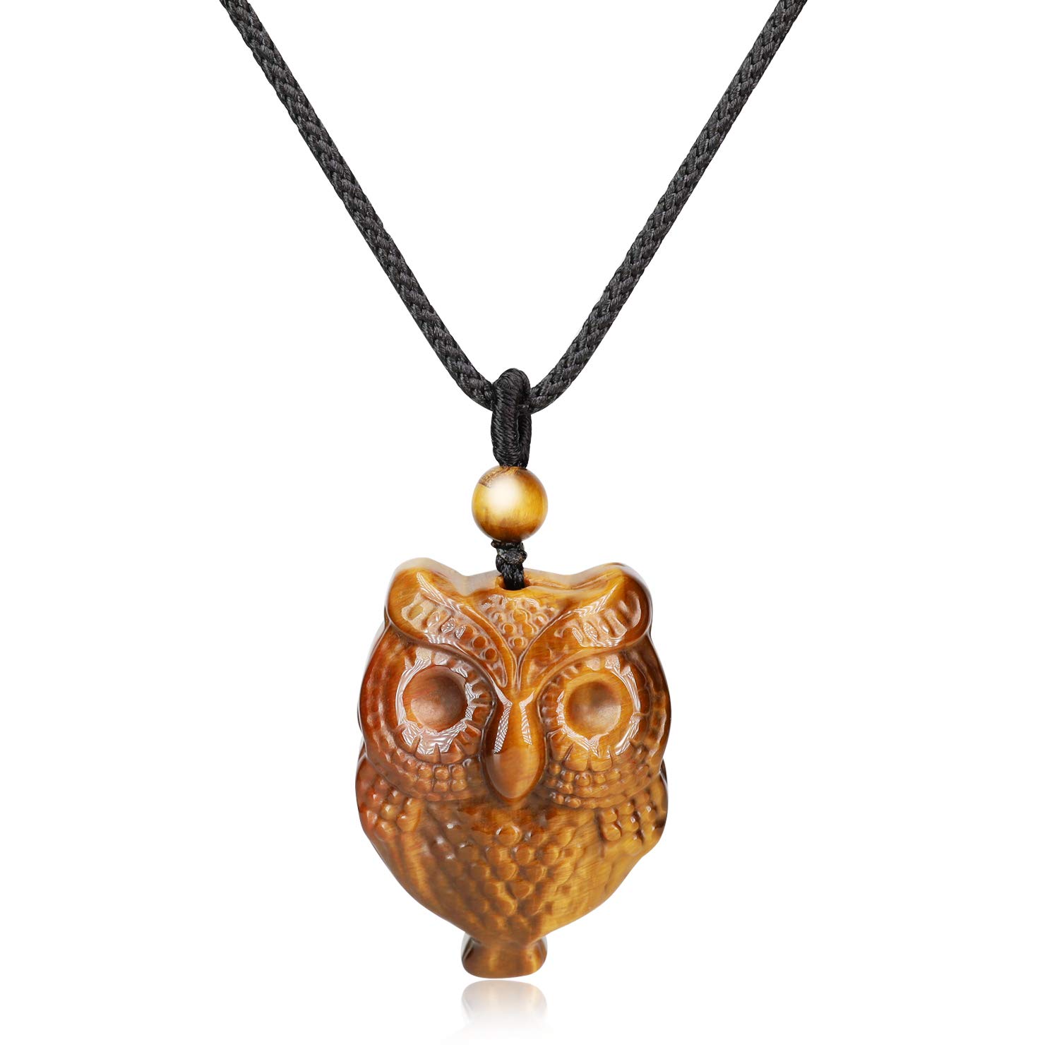 COAI Tiger Eye Owl Pendant Necklace for Women and Men, Adjustable Nylon Cord, 40-75 cm, Unisex