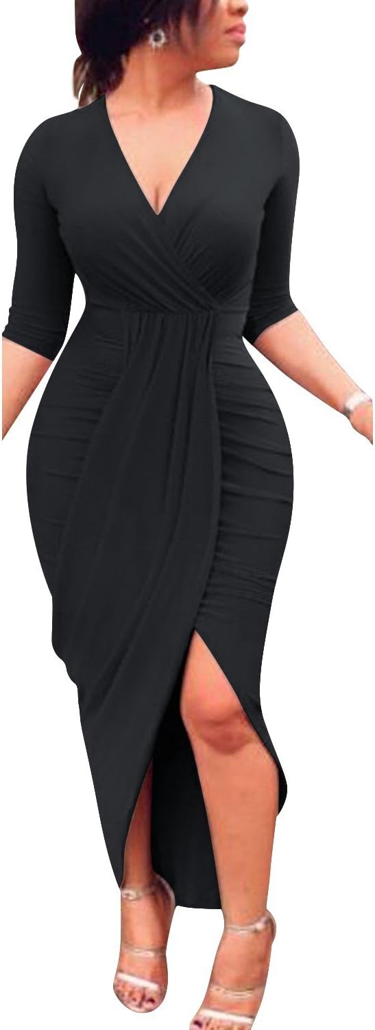 Gikim Women's Sexy Long Sleeve Deep V-Neck Ruched Midi Bodycon Wrap Dress