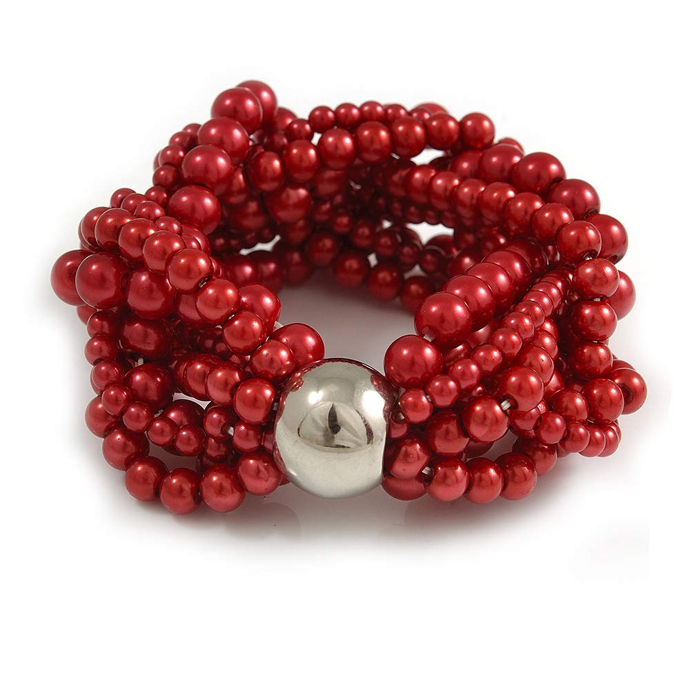 Avalaya Wide Chunky Red Glass Bead Multistrand Plaited Bracelet - size S/M