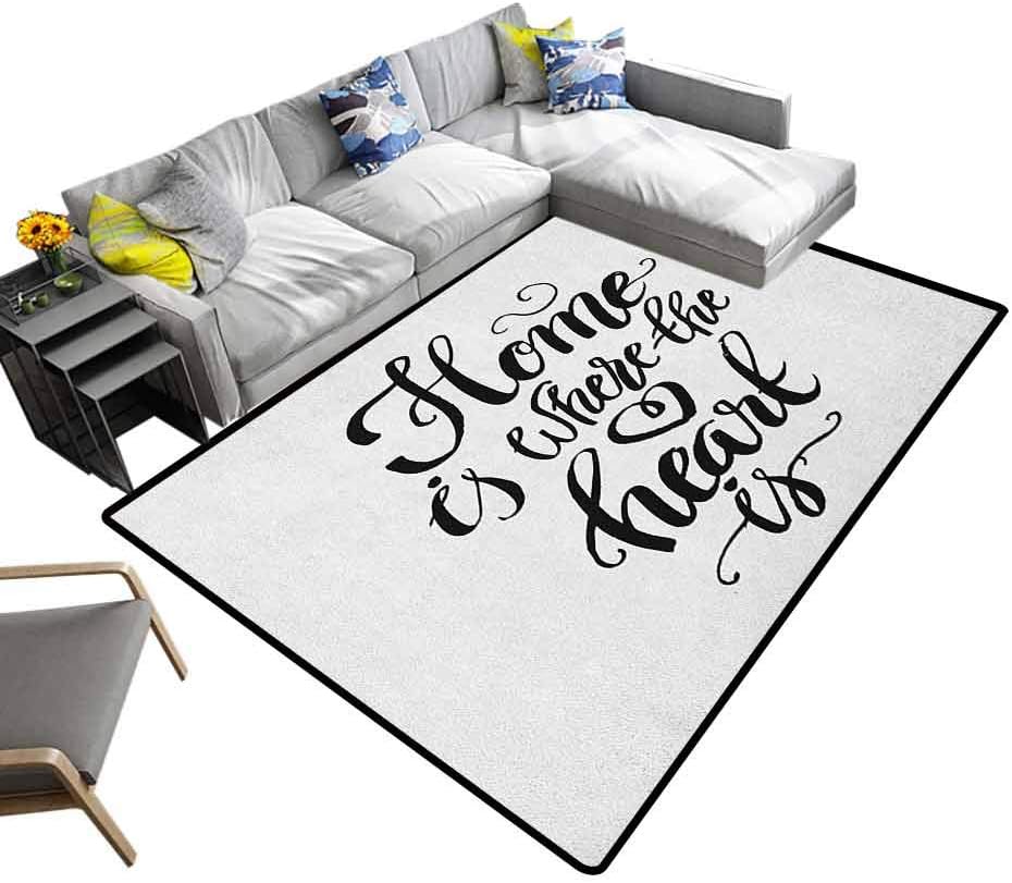 Home Sweet Home Indoor Floor Mat Home is Where The Heart is Quote Hand Written Style Monochrome Design for Kitchen Rugs Black White (4'x5')