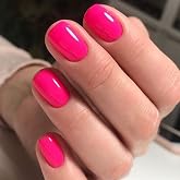 GLAMERMAID Hot Pink Press on Nails Short, Bright Fake Nails Round Sqaure | Glitz Glossy Glue on Nails Tip, Solid Acrylic False Nails with Glue, Reusable Easy Daily Salon-Quality Manicure Kit for Women