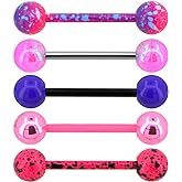 Jewseen 5PCS Pink Purple Acrylic Balls Tongue Barbell Splatter 316L Stainless Steel Bar Tongue Rings Piercing