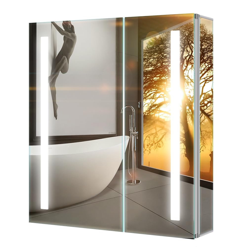 Tokvon® Penumbra Smart Bathroom Mirror Cabinet with Demister, LED Light, Shaver Socket & USB Port, Infrared Hand Sense Control and Adjustable Shelves