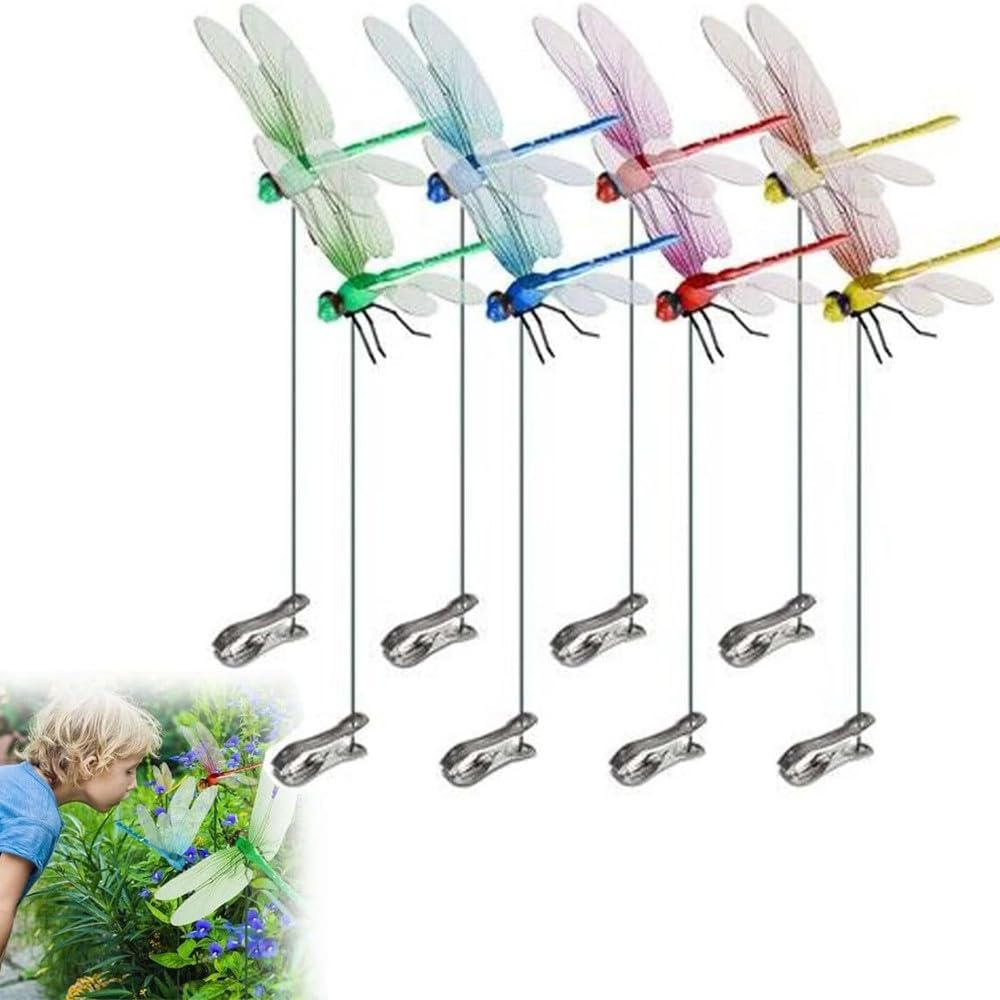 TONGMAN 8PCS Dragonfly Pole Clips, Decorative Garden Stakes, Plastic, Blue, Red, Green, Yellow, Dragonfly Style, Garden