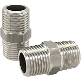 Hooshing 1/2" NPT Male to Male Stainless Steel Hex Nipple, 2 Pack | 304 Stainless Steel Equal Hex Coupling, 1/2" NPT Threaded Pipe Fitting for Home Plumbing, Brew
