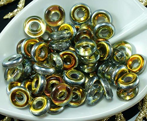 40pcs Crystal Yellow Gold Iris Half Czech Glass Flat Ring Beads O Shaped Large Hole Donut 8mm