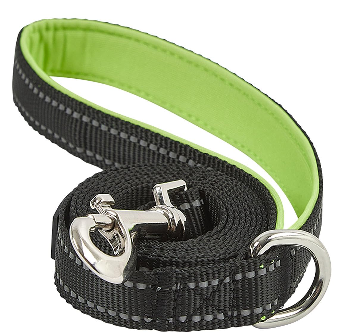 Reflective Dog lead leash with Padded Handle, 1.5 metres long, for Puppy, Medium, Small and Large (Black and Green)