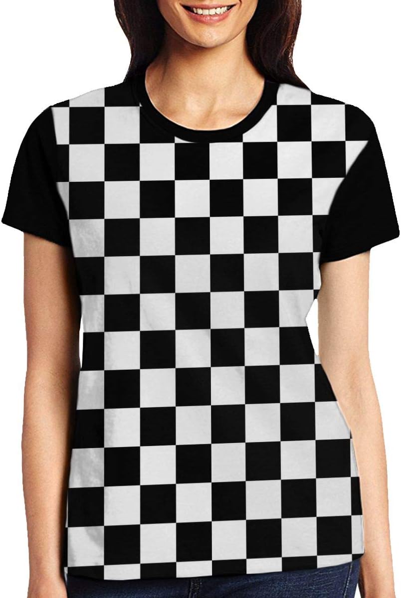 enrgbnhzad 321 Women's Girl's Casual Graphics Black & White Racing Checkered Flag 3D Printed T-Shirts Short Sleeve Tops Tees L