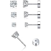 3 Pairs Moissanite Flatback Stud Earrings for Women, 925 Sterling Silver Hypoallergenic Flat Back Cartilage Earrings Set, 18K White Gold Plated