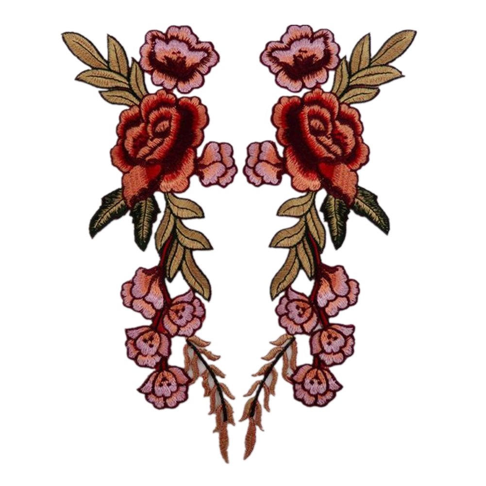 (Pack of 2) 7 Peony Flowers on Vine Embroidered Appliques Sew or Iron on Patches(Red)