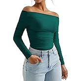 OMKAGI Women Long Sleeve Tops Boat Neck Off Shoulder Shirts Fitted Going Out Y2K Crop Top