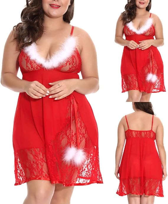 Plus Size Christmas Lingerie for Women Oversized Lace Satin Underwear