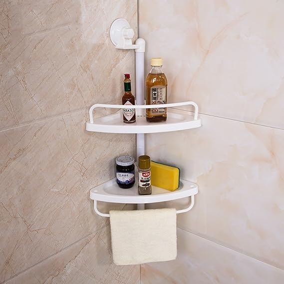 Wall Mounted Plastic 2 Tier Bath Corner Suction Shelf Shower Caddy Display Stand Kitchen Spice
