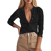 Tankaneo Womens Deep V Neck Tops Ribbed Knit Long Sleeve Henley T-Shirts Fall Slim Fit Going Out Tees