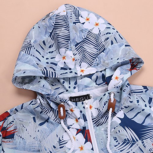 HEQU Men's Floral Hooded Windbreaker Lightweight Zip-Up Jacket with Pocket White XL - Thumbnail 3