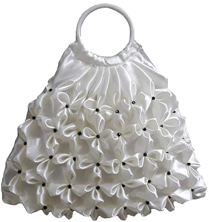 Rosy White Satin Hand Bag with Black Beads