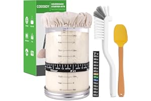 CODOGOY Sourdough Starter Kit : 40 oz Sourdough Starter Jar Glass, Sourdough Bread Baking Supplies with Thermometer, Loofah Brush, Stainless Steel Lid, Silicone Scraper, Cloth Cover, Date Marked Feeding Band