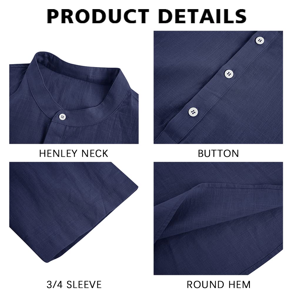Ryannology Mens Linen Shirts Casual Cotton 3/4 Sleeve Regular-Fit Henley T-Shirt Summer Lightweight Beach Yoga Tops