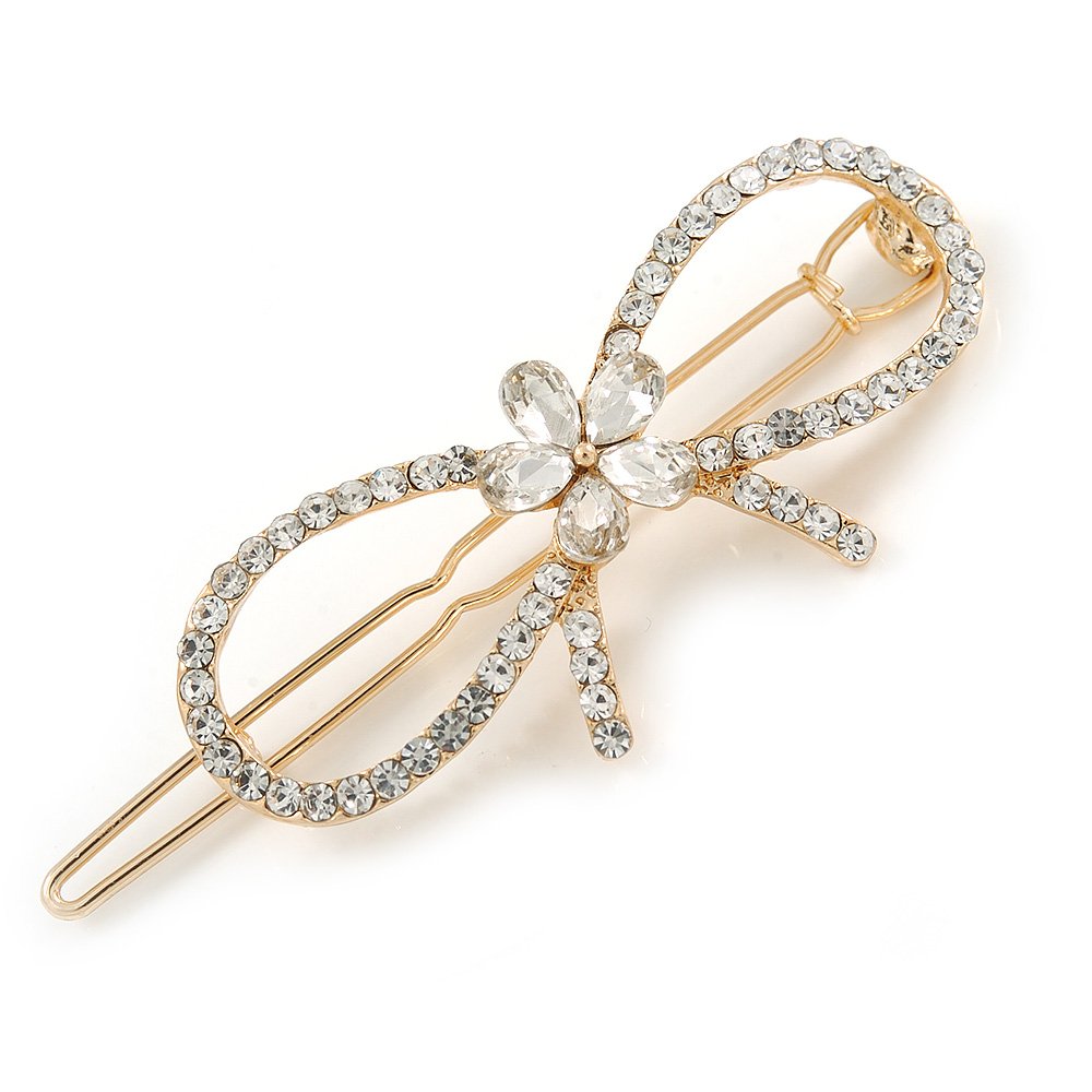 Gold Plated Clear Crystal Open Bow Hair Slide/Grip - 55mm Across