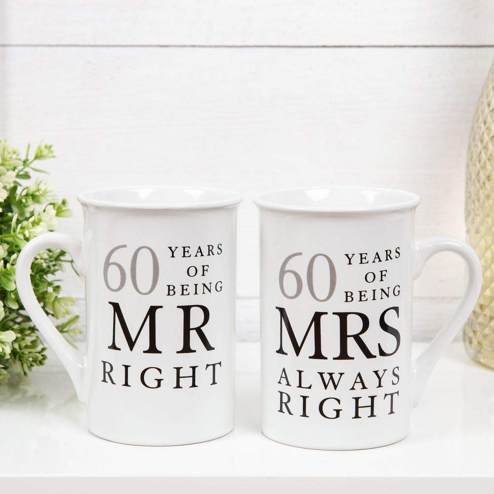 Amore 60 Years of Being Mr Right and Mrs Always Right Pair of China Mugs - 10th Set