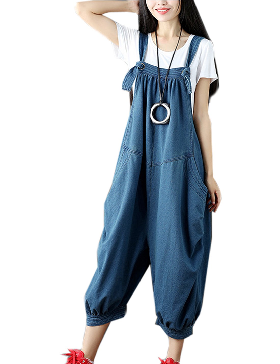 Flygo Women's Loose Baggy Cotton Wide Leg Jumpsuits Rompers Overalls