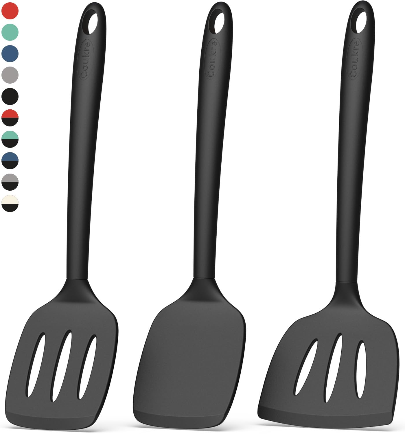 Photo 1 of Coukre Silicone Spatula Set of 3, High Heat Resistant, BPA-Free, Kitchen Utensils, Fish Spatula, Solid & Slotted Turner for Non-Stick Pans, Flipping Eggs, Pancakes, Fish, Burgers (3, PureBlack)