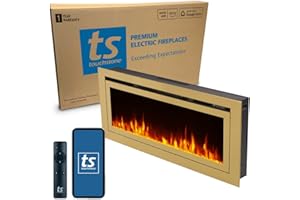 Touchstone Sideline Deluxe -Gold Smart Electric Fireplace- 60" Wide- Alexa/WiFi-Enabled- in Wall Recessed- 5 Flame Settings- 9 Flame Colors- 1,500W Heater- Log & Crystal Options- 86276