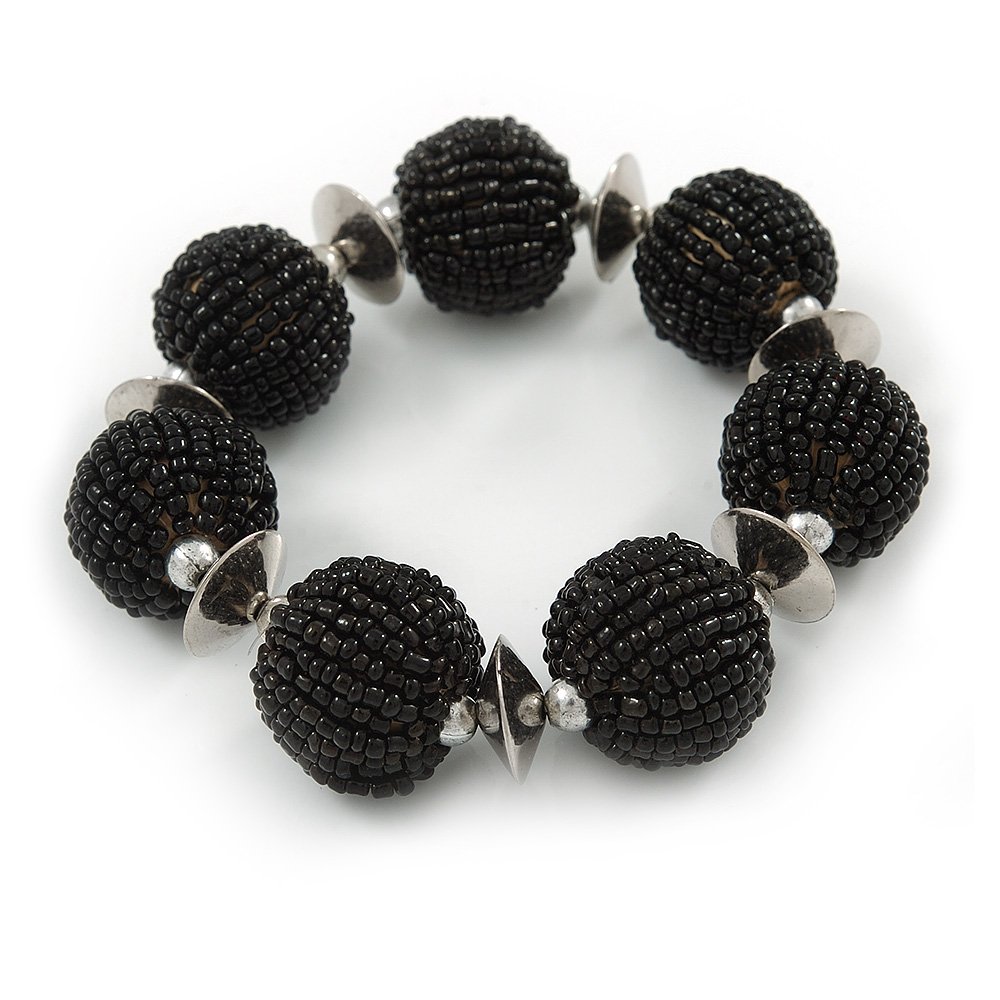 Avalaya Chunky Black Glass Bead Ball Stretch Bracelet - 19cm L