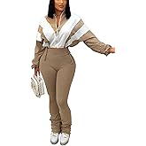 longlugoo Women's Color Block 2 Piece 80s 90s Outfits Sweatshirt Zip Up Jacket and Bodycon Pants Tracksuit Sets