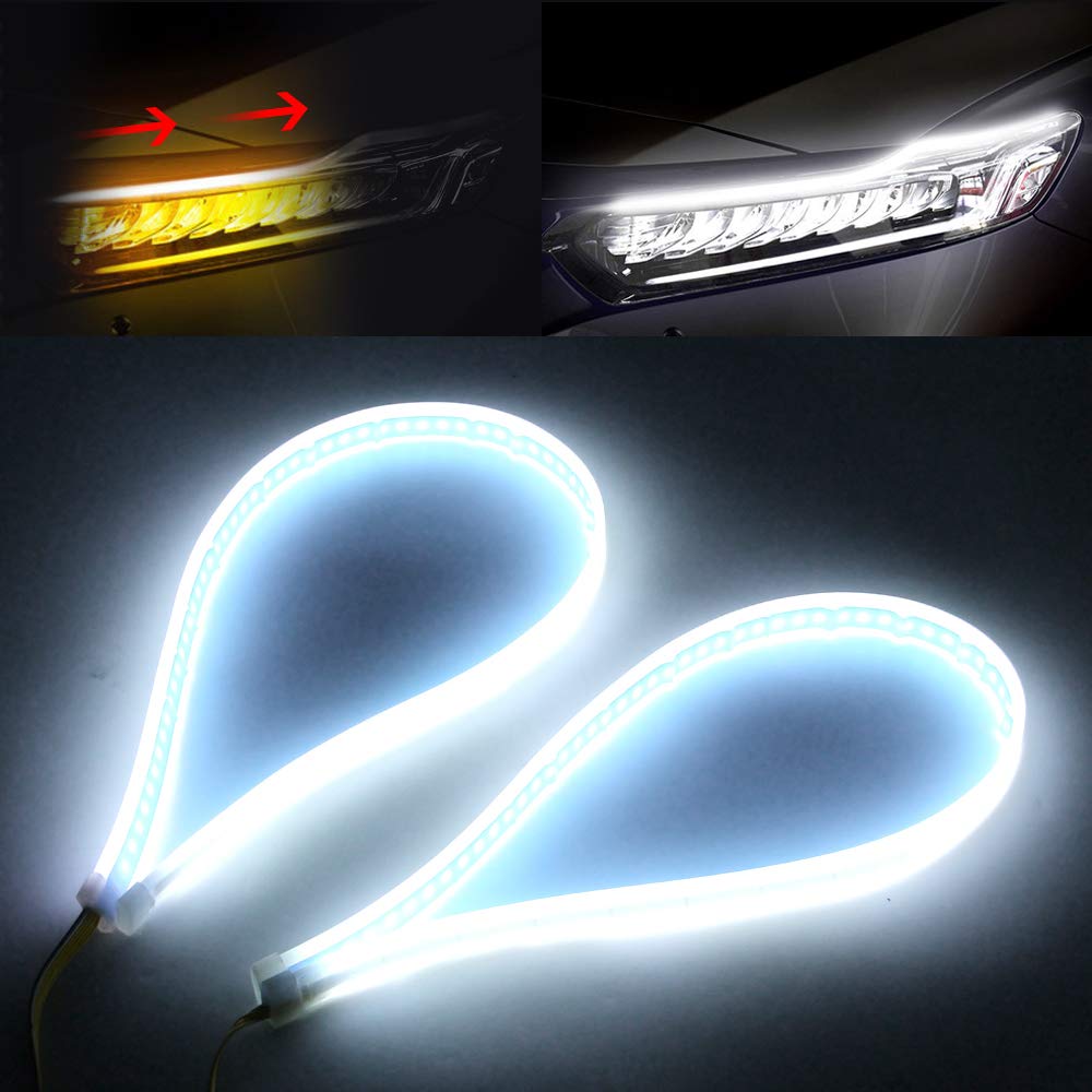 2Pcs LED Daytime Running Light Strip 24 Inches 150 PCS Led Chip White Amber Dual Color Waterproof Car Flexible DRL Sequential Switchback Headlight and Turn Signal Light Tube for Any 12V Cars