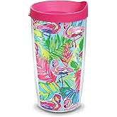 Tervis - 1316118 Tervis Bright Flamingo Pattern Insulated Tumbler with Wrap and Lid, 16 oz - Tritan, Clear, 1 Count (Pack of 1), Fuchsia