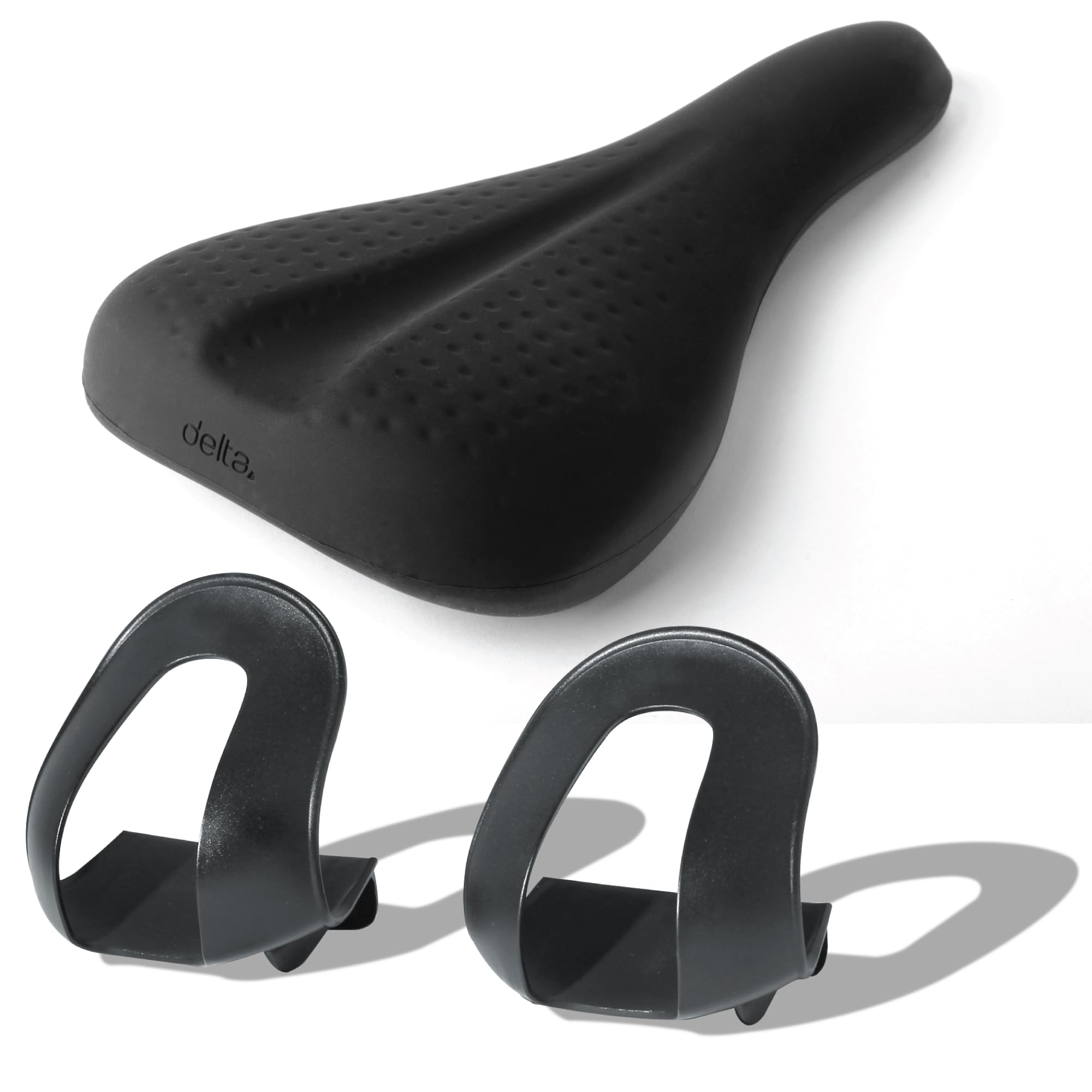Photo 1 of Delta Cycle Foot Fenders Bicycle Toe Clips and HexAir Touring Peloton Seat Cushion Bundle - Bike Pedal Straps for Mountain Bikes, Cruisers Plus Bike Seat Cover with Innovative Hexair Tech