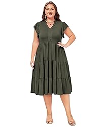 Moon Wood Womens Plus Size V Neck Ruffle Midi Dress