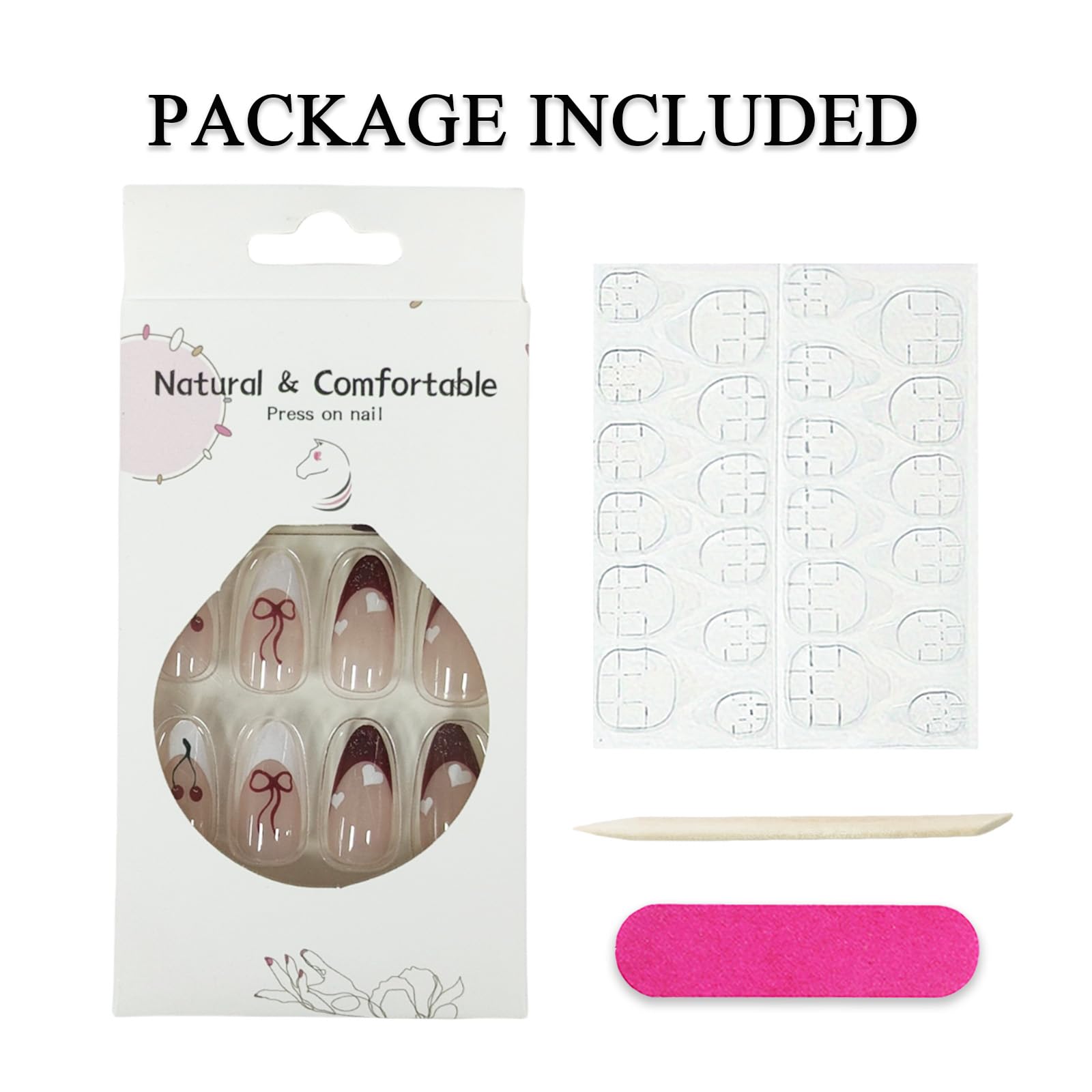 24Pcs French Tip Press on Nails Medium Almond Fake Nails with Red Cherry Bow Heart Designs Glossy False Nails Cute Acrylic Nails Gel Glue on Nails for Coquette Women Girlfriend Gift - Image 5