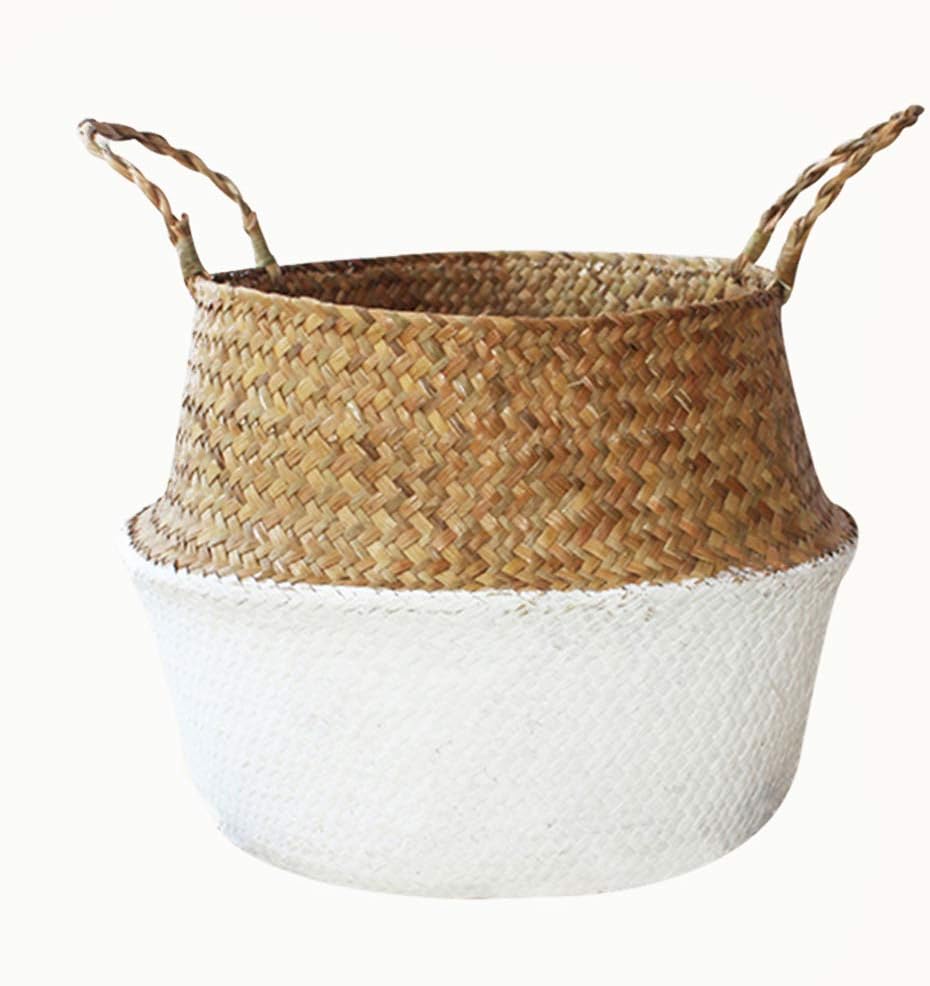 UNKC Seagrass Belly Basket with Double Handle, Yellow & White Home & Garden Decor Basket, Excellent Basket for Plant Pot Laundry, Toys, Nursery, Picnic, Fishing