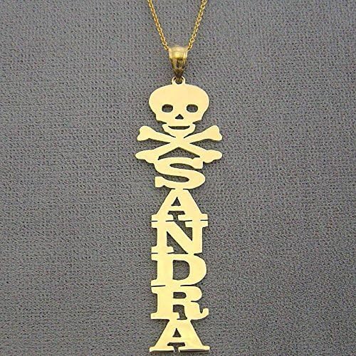 Vertical Name Pendant Necklace Skull Cross bone 10k Yellow Solid Gold Personalized Jewelry