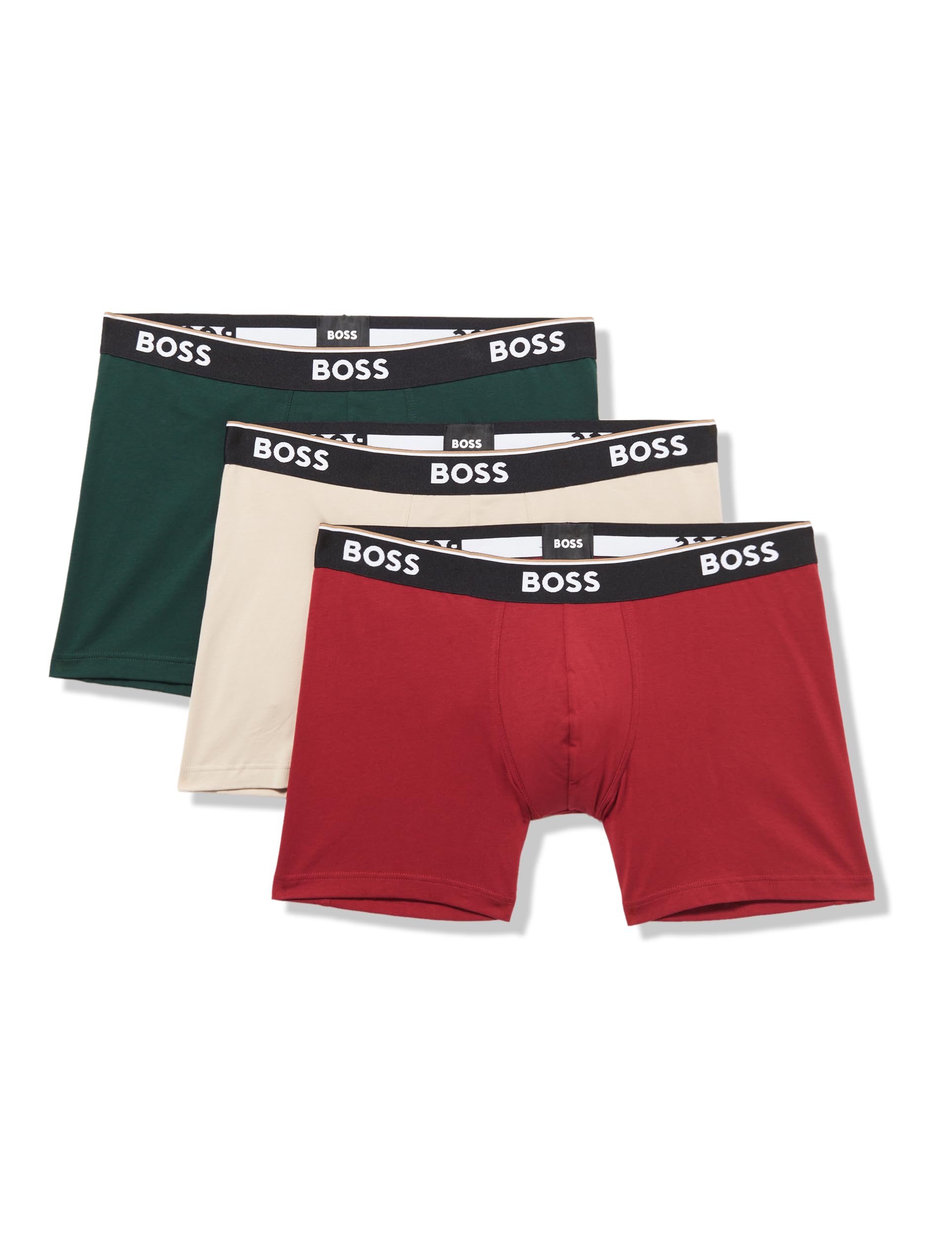 BOSS Power 3-Pack Bold Logo Boxer Briefs, crimson red/cream/pine tree green, S Image