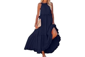 SDGGSGV Halter Dresses for Women Smocked Tiered Flowy Swing Maxi Dresses Summer Cocktail Formal Wedding Guest Dress w/Pockets