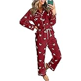 whoinshop Pajamas Set for Women Cute Bows Long Sleeve Button Down Pjs Sets 2 Piece Loungewear Sleepwear With Pockets