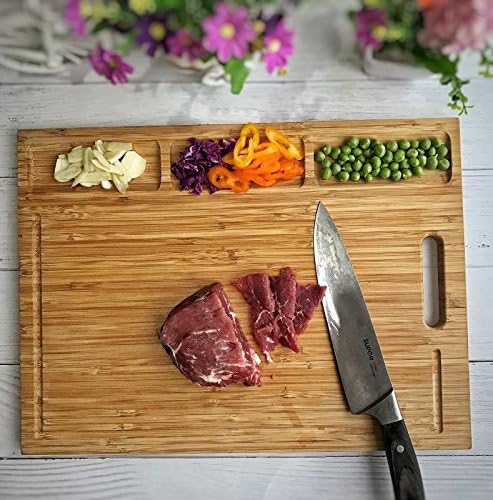 Bamboo Cutting Board (17x12.6 inch) Chopping Board with 3 Drip Groove for Food Prep, Meat, Vegetables, Fruits, Crackers &amp; Cheese 100% Organic Anti-Bacterial