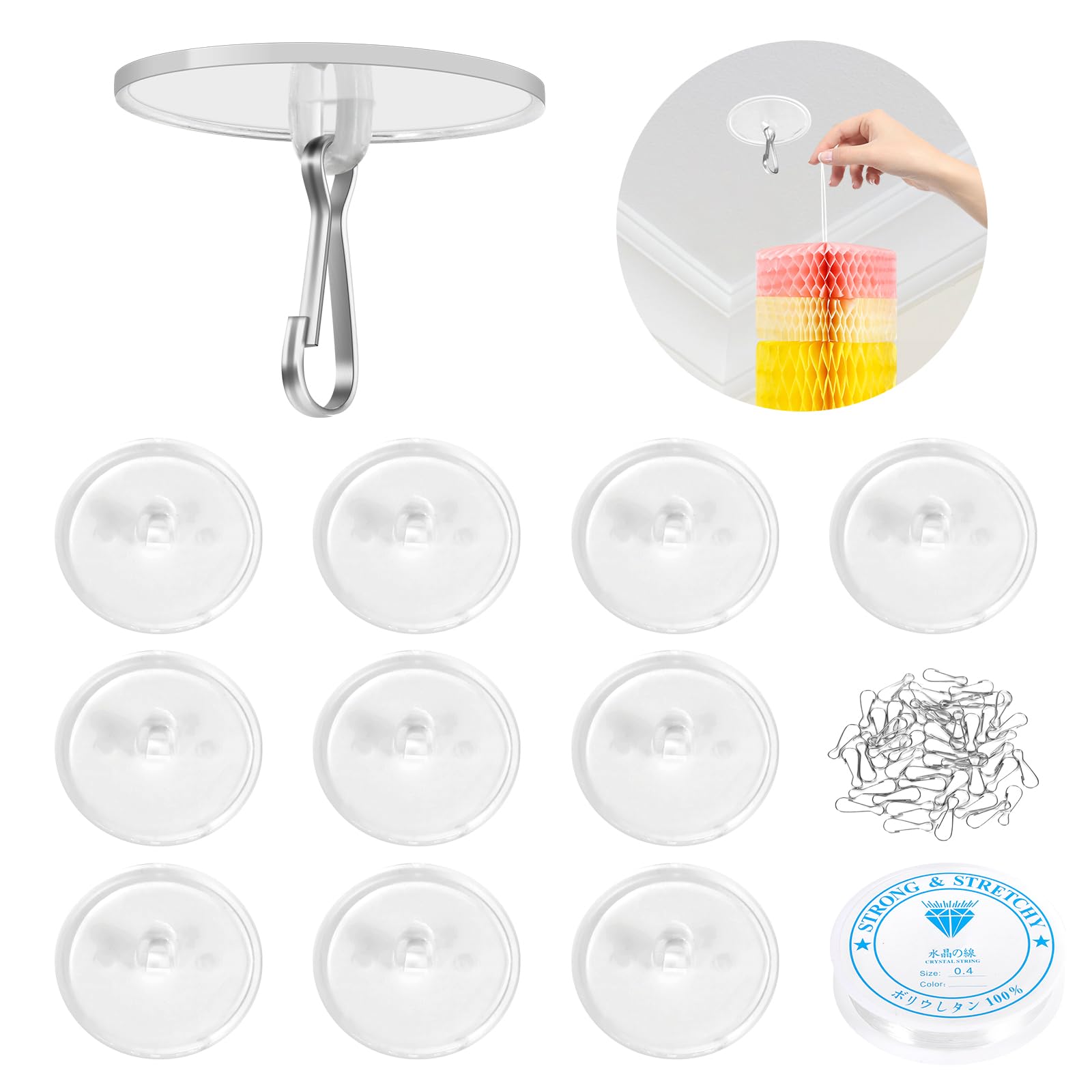 Photo 1 of 10-Pack Self-Adhesive Ceiling Hooks with 80ft Hanging Line for Paper Lanterns Hanging, Removable Sticky Damage-Free No-Drill Ceiling Wall Hooks for Festival Wedding Birthday Party